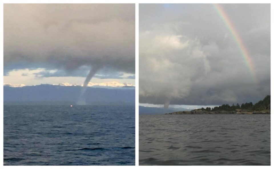 A sizeable waterspout was spotted off the southern coast of Vancouver Island this week as a vibrant rainbow arched overhead on June 9, 2021.