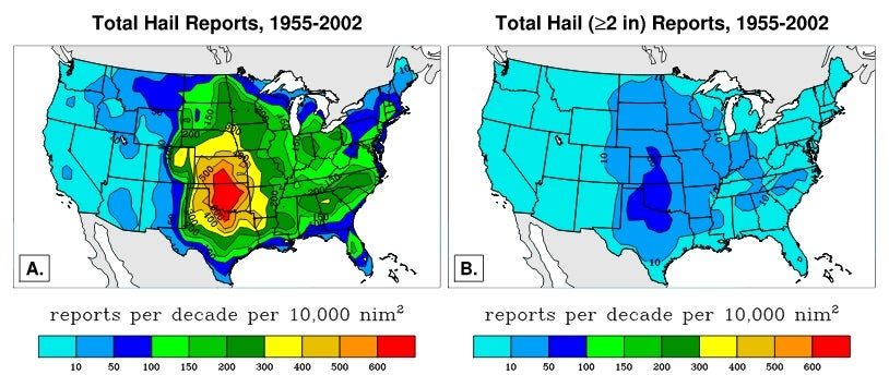 Maps illustrating the number of total hail