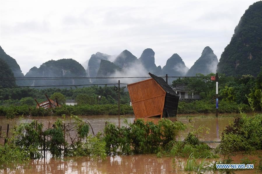 Photo taken on June 7, 2020 shows tourism facilities damaged by flood caused by downpour in Yangshuo of Guilin, south China's Guangxi Zhuang Autonomous Region.