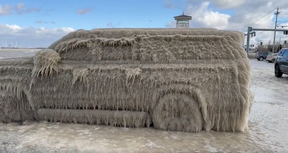 Ice Encases Cars Beside Lake Erie