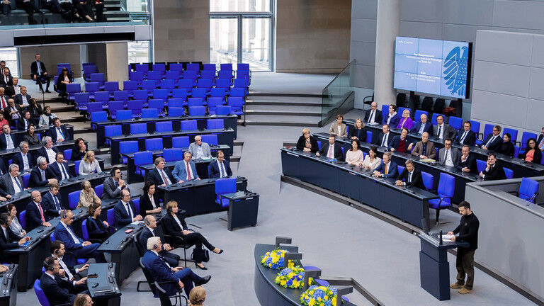 Seats of the AfD parliametnary group are mostly emply during a speech by Ukraine's Vladimir Zelensky in the German Bundestag, in Berlin, Germany, on June 11, 2024.