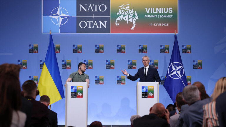 Ukrainian President Vladimir Zelensky and NATO Secretary General Jens Stoltenberg speak to the media on July 12, 2023 in Vilnius, Lithuania