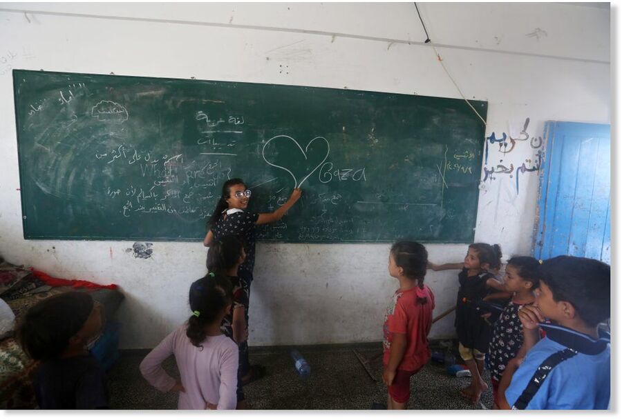 Palestinians children at an UNRWA school in Deir al-Balah,