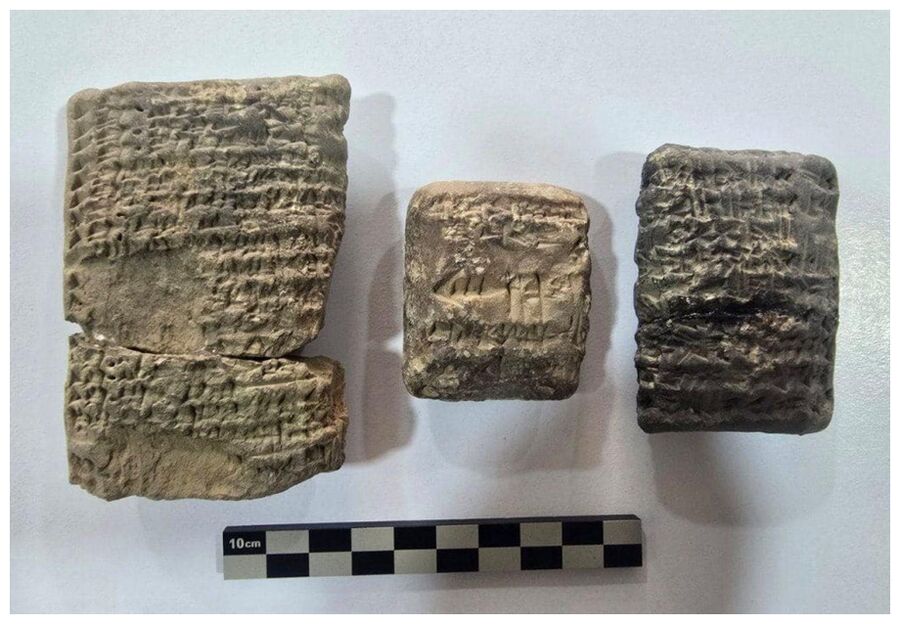 Among the findings in Babylon are tablets with cuneiform writing.