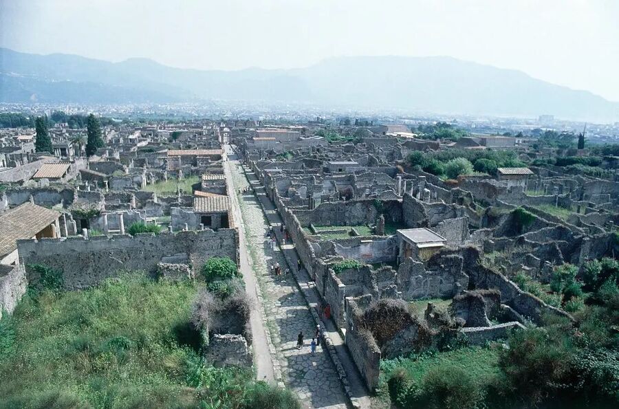 An aerial view of Pompeii, which is in southern Italy near the city of Naples.