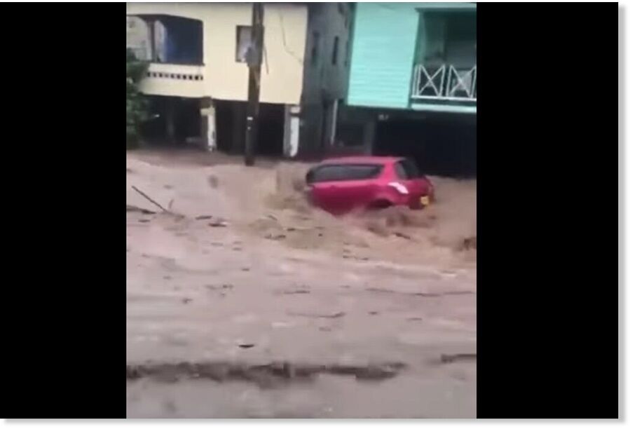 Screengrab of a vehicle being washed away along River Road, Grenada on November 12, 2024.