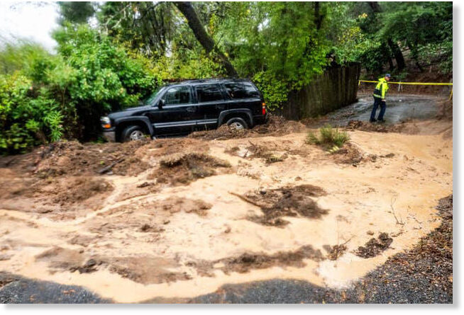 A mudslide as heavy rain falls near Healdsburg in California